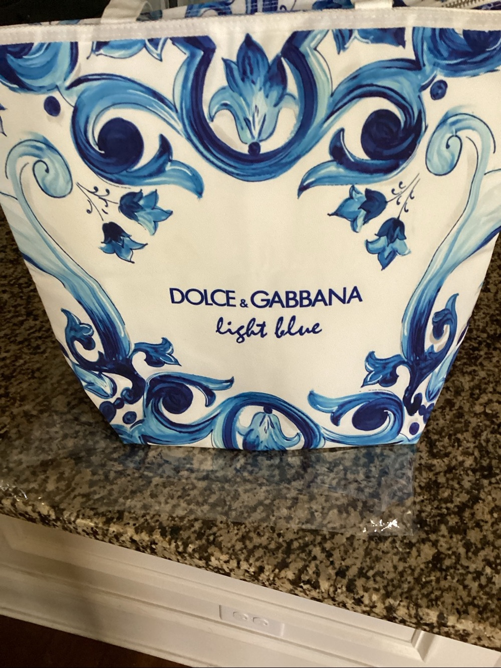 Dolce & Gabbana White Tote with Blue Ornamental Print NEW WITHOUT TAGS